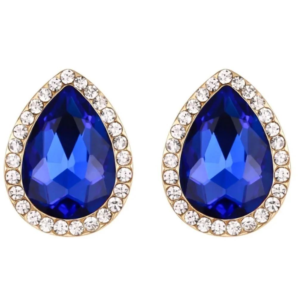 Yellow Gold with Sapphire and Diamond Austrian Crystal Teardrop Stud Earrings